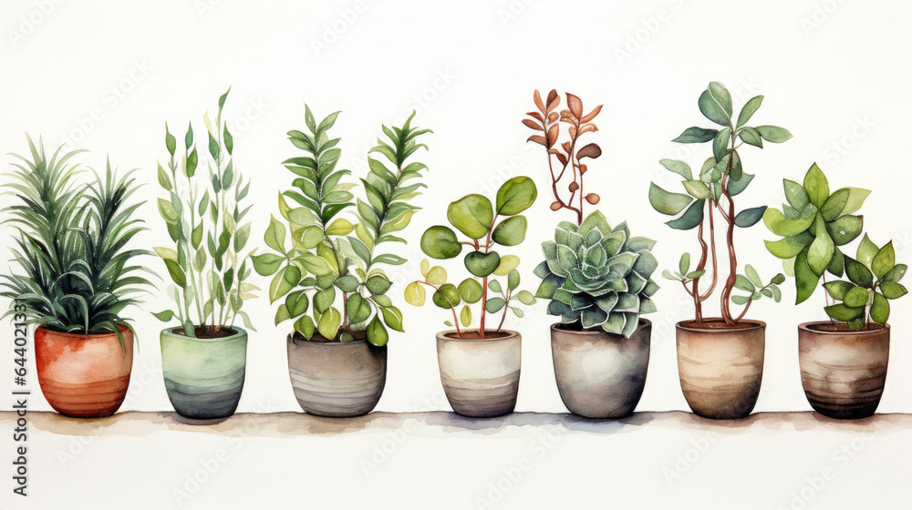 illustration of small plants in flowerpots isolated on white background.