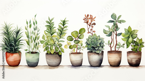 illustration of small plants in flowerpots isolated on white background.