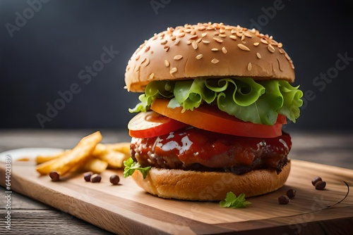 hamburger on a wooden plate