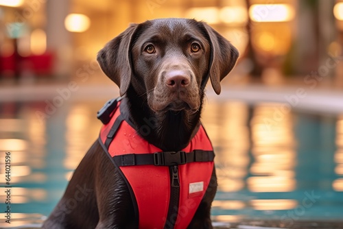 Close-up portrait photography of a curious labrador retriever sitting wearing a swimming vest against a vibrant shopping mall background. With generative AI technology