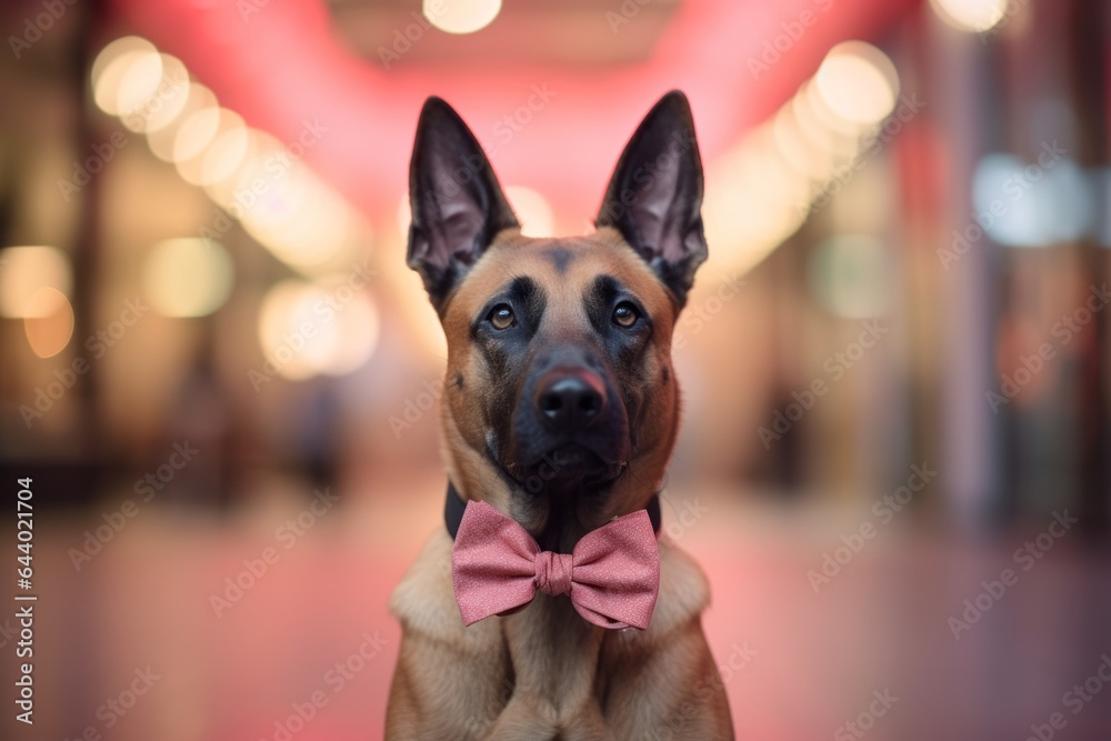 Headshot portrait photography of a cute belgian malinois dog licking paws wearing a cute bow tie against a vibrant shopping mall background. With generative AI technology