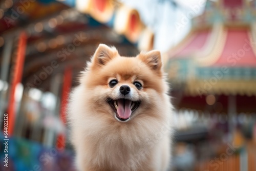 Medium shot portrait photography of a happy pomeranian circling before laying down wearing a cashmere sweater against a lively amusement park background. With generative AI technology