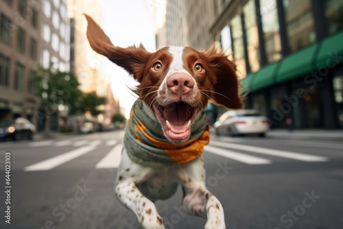 Tela Medium shot portrait photography of a funny brittany dog chasing birds wearing a cooling bandana against a bustling city street background