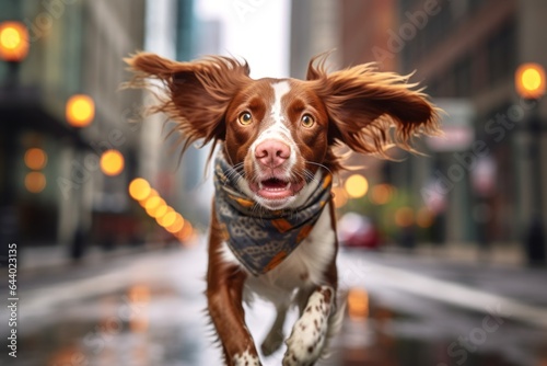 Medium shot portrait photography of a funny brittany dog chasing birds wearing a cooling bandana against a bustling city street background. With generative AI technology