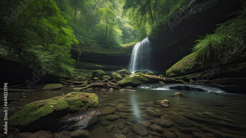 Hidden Gems  a traveler discovering a hidden waterfall or hidden gem in a secluded natural setting  emphasizing the joy of exploration and discovery. AI generative