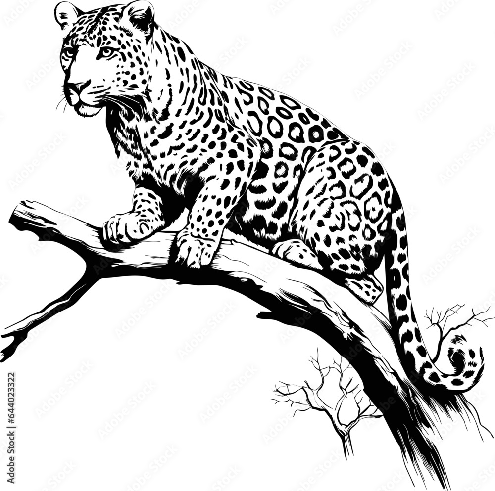 Leopard lying on a tree branch line art. ai generated illustration