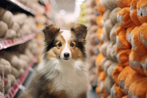 Conceptual portrait photography of a curious shetland sheepdog snuggling wearing a teddy bear costume against a busy supermarket aisle background. With generative AI technology © Markus Schröder