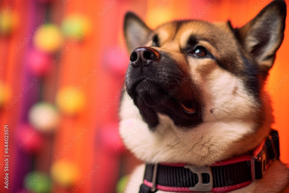 Close-up portrait photography of a tired akita licking wounds wearing a harness against a vibrant yoga studio background. With generative AI technology