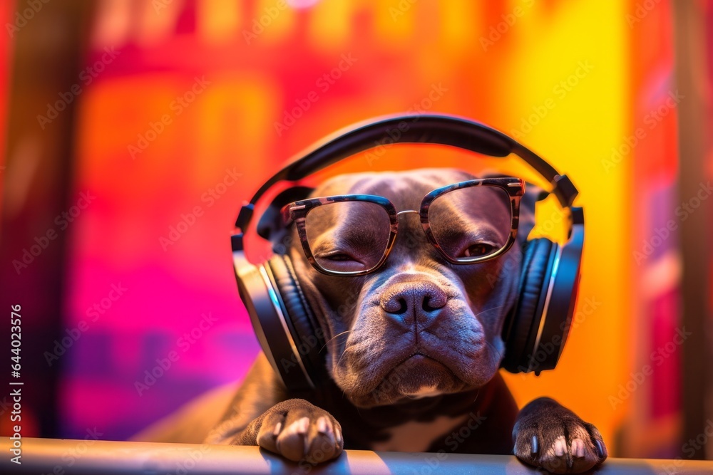 Environmental portrait photography of a cute staffordshire bull terrier sleeping wearing a hipster glasses against a vibrant yoga studio background. With generative AI technology
