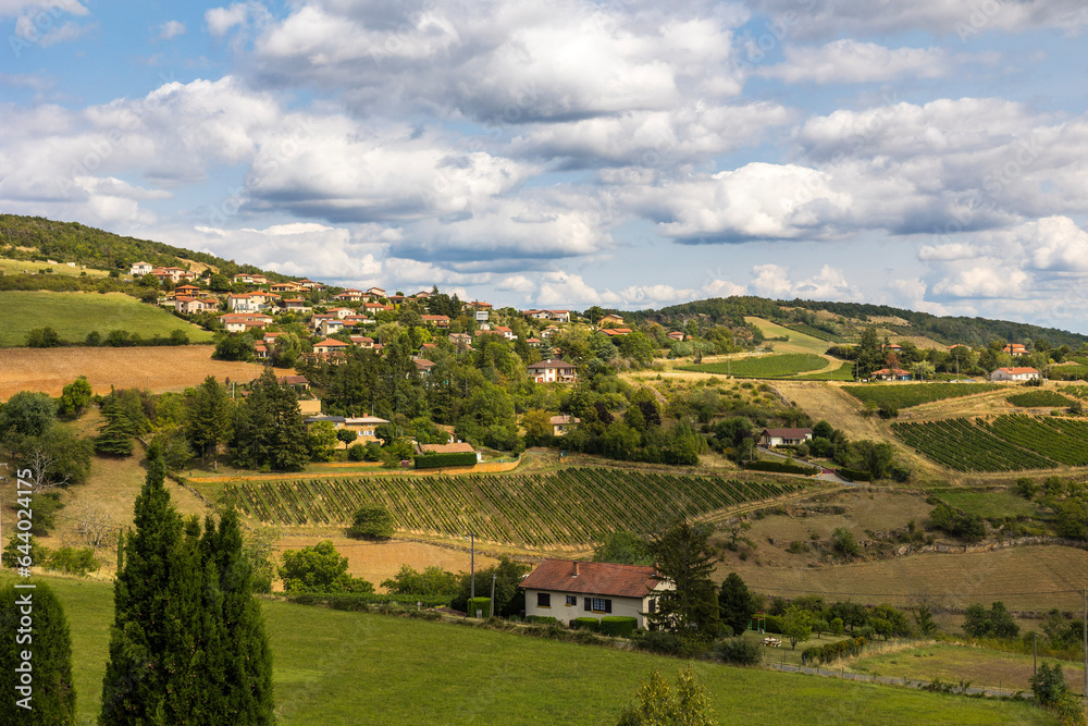 Hameau des Fontaines, sur les flancs d’une collines du Beaujolais, depuis le village d’Oingt