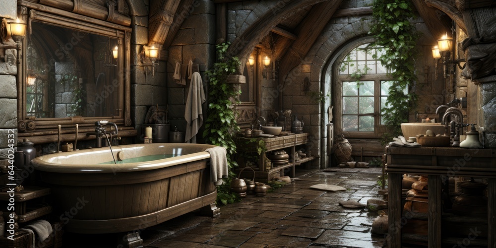 Background from a Medieval Bathroom - Medieval Bathroom Tapestry - A Blend of History and Modern Comfort - Bathroom Interior in the Medieval Style created with Generative AI Technology