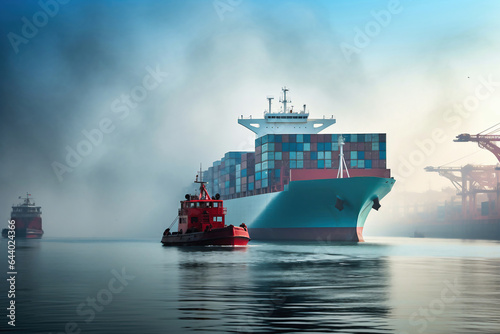 Global business logistics import-export cargo. Cargo ship with sea containers on board in the port. Transportation of goods across the ocean. Sea container ship is escorted by tugs to the port.