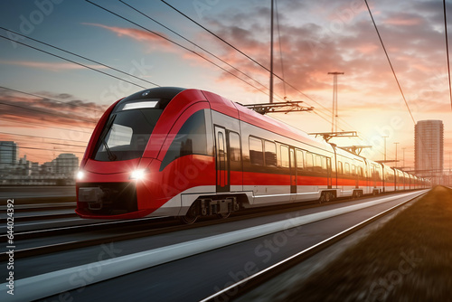 A red and white train traveling down train tracks. High-speed suburban train at sunset. photo