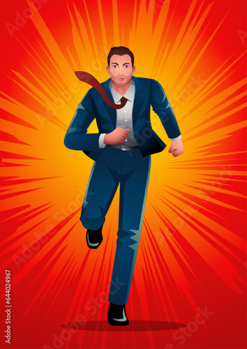 Illustration featuring a determined businessman in a suit, running. Representation of speed, urgency, essence of drive, ambition, professional agility, and the thriving business