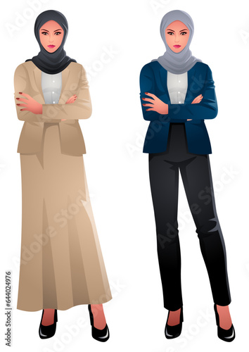 Beautiful muslim businesswoman in elegant hijab fashion in two sets of styles, celebrating cultural richness and professionalism. Representation of diversity, and the beauty of individual expression