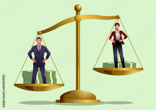Businessman and businesswoman stand on a golden scale, conveys the disparity in salary, with the businessman appearing heavier. Sparks discussions on gender pay gaps and workplace inequality