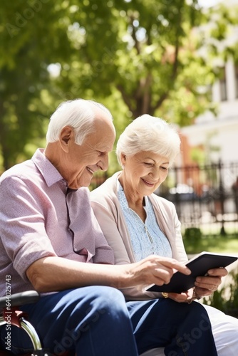 shot of two senior citizens using a digital tablet while sitting outside