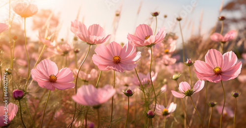 flower white beautiful pink blooming nature field violet meadow sunset background. Generative AI. © VICHIZH