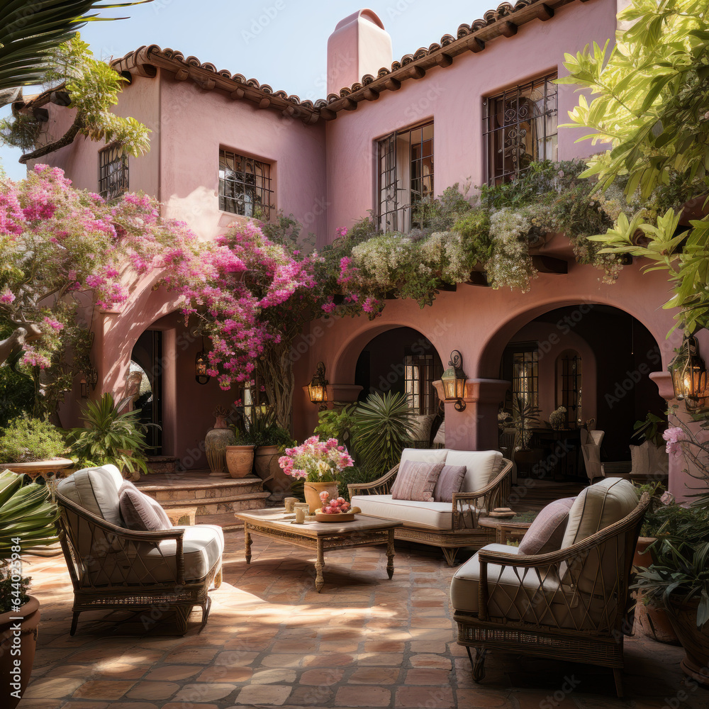 A colonial with pink walls and clay tiles
A colonial with pink walls and clay tiles