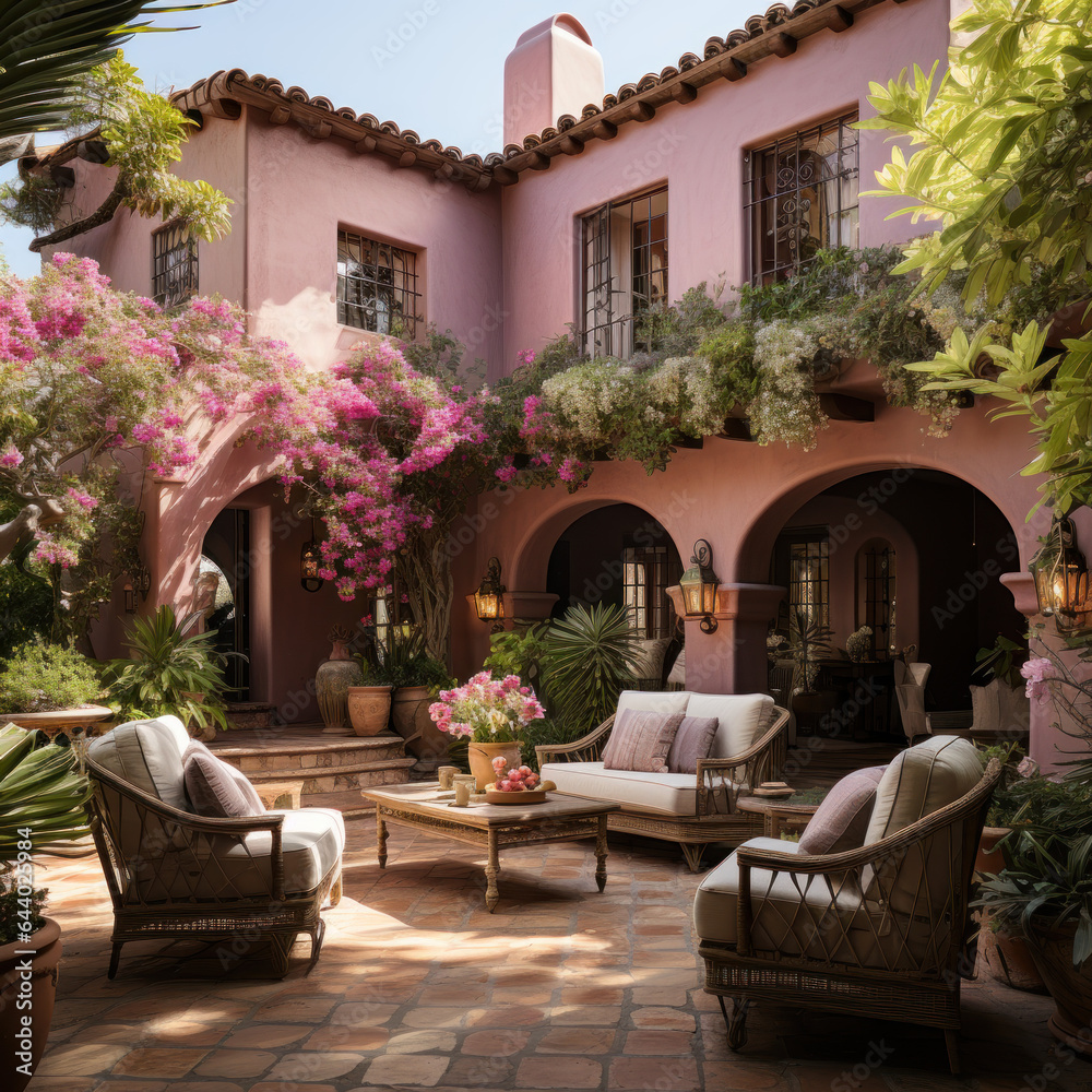  A colonial with pink walls and clay tiles 
