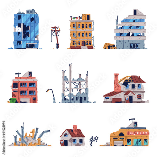 Destroyed Buildings and Broken Ruined Houses Vector Set
