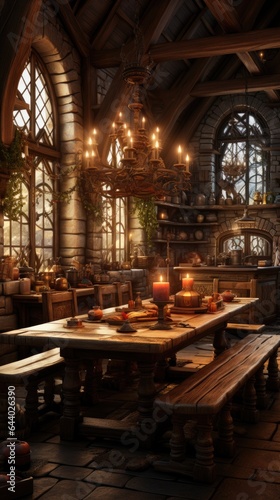 Background from a Medieval Dining Room - Medieval Dining Room Tapestry - A Blend of History and Modern Comfort - Dining Room Interior in the Medieval Style created with Generative AI Technology