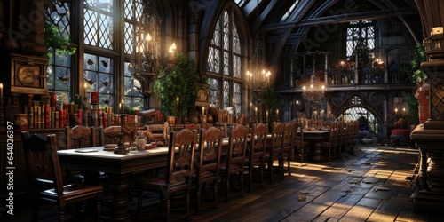 Background from a Medieval Dining Room - Medieval Dining Room Tapestry - A Blend of History and Modern Comfort - Dining Room Interior in the Medieval Style created with Generative AI Technology