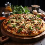 Delectable Pizza adorned with Sun-Dried Tomatoes, Cheese, and Fresh Parsley, showcased on a Wooden Platter amidst a Surrounding Array of Ingredients