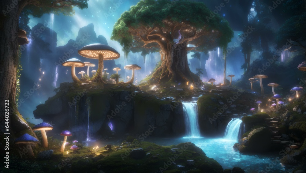 Explore the enchanted realm of a mystical forest with towering ancient trees glowing mushrooms and a sparkling waterfall rendered in stunning 3D realism