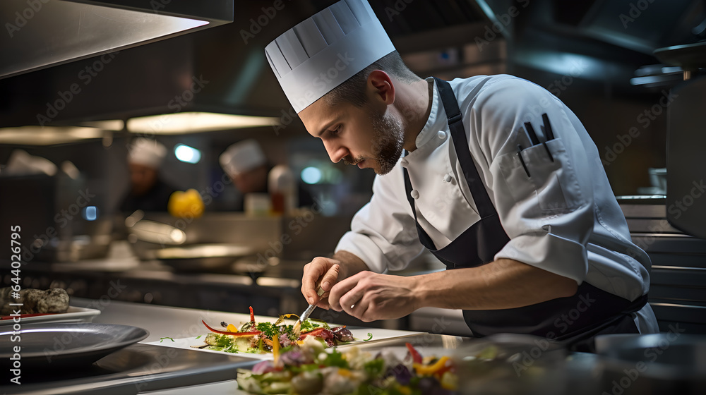Professional chef cooking in a restaurant kitchen, man chef concentrated while preparing food in the kitchen at restaurant Professional chef cooking in a restaurant kitchen, man chef concentrated while preparing food in the kitchen at restaurant