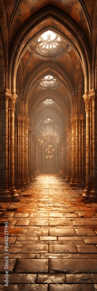 Background from a Medieval Hallway - Medieval Hallway Tapestry - A Blend of History and Modern Comfort - Hallway Interior in the Medieval Style created with Generative AI Technology