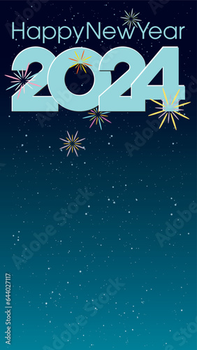 Happy New Year 2024 blue calligraphy with abstract colorful fireworks on night sky background have blank space. Greeting card vertical template.