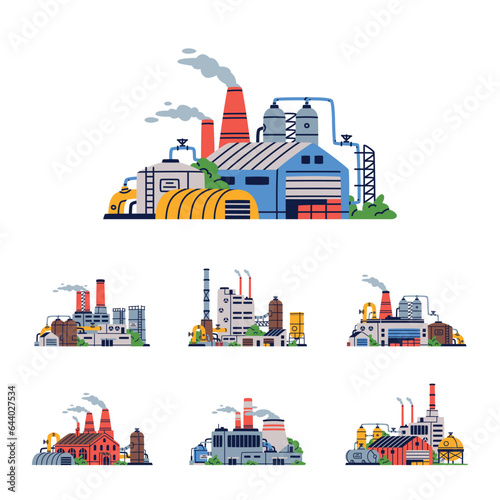 Factory and Plant Building as Industrial Complex with Pipe and Chimney Vector Set