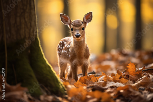 close view of a baby deer in the woods autumn season