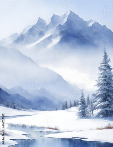 Winter watercolor mountain view background © APXIII