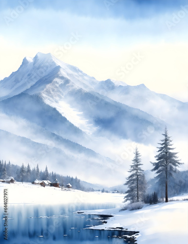 Winter watercolor mountain view background