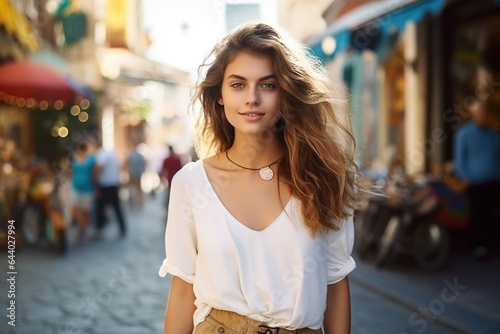 young adult woman on vacation in a local side street for tourists, shopping tour and city stroll, stroll through the city © Boraryn