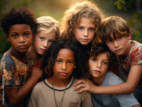 Portrait of multi-cultural children hanging out with friends in countryside together. Concept of childhood and diversity.