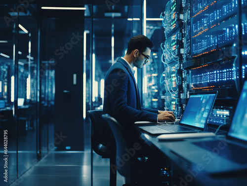 Fotomurale Successful data center IT specialist checking cloud servers while working as system administrator for cyber security