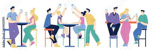 People Characters at Bar or Pub Sitting at Table with Drink Vector Set