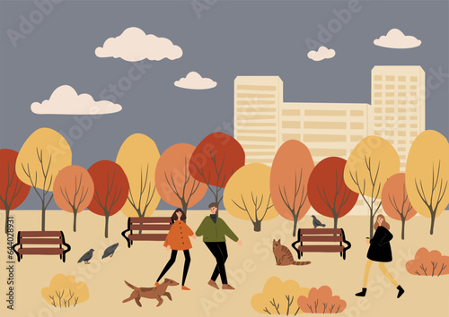 fall scene clipart, autumn poster with people at city park, fall season printable card, autumn vibes wall art print, Flat style vector illustration clipart, digital download, cartoon character.