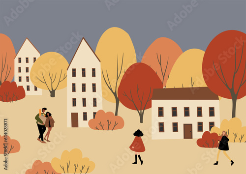 fall scene clipart, autumn poster with people at city park, fall season printable card, autumn vibes wall art print, Flat style vector illustration clipart, digital download, cartoon character.