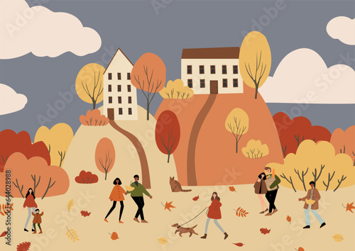 fall scene clipart, autumn poster with people at city park, fall season printable card, autumn vibes wall art print, Flat style vector illustration clipart, digital download, cartoon character.
