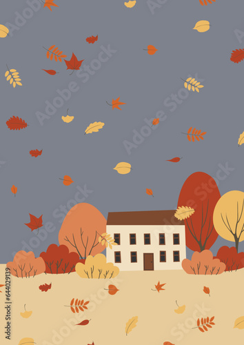 fall landscape clipart, autumn park vector illustration, city scenery wall art print, nature background, tree printable poster, cityscape digital download card, flat style images.