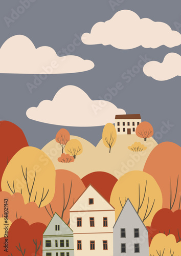 fall landscape clipart  autumn park vector illustration  city scenery wall art print  nature background  tree printable poster  cityscape digital download card  flat style images.