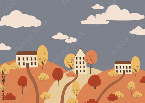 fall landscape clipart, autumn park vector illustration, city scenery wall art print, nature background, tree printable poster, cityscape digital download card, flat style images.