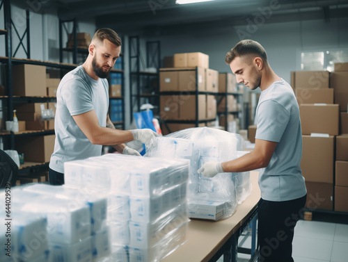 Warehouse workers preparing boxes with products for transport. Two male colleagues standing in warehouse and counting packages.