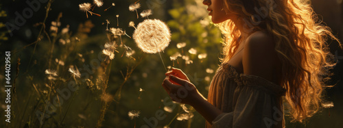 a young pretty woman with dandelions flying around her.