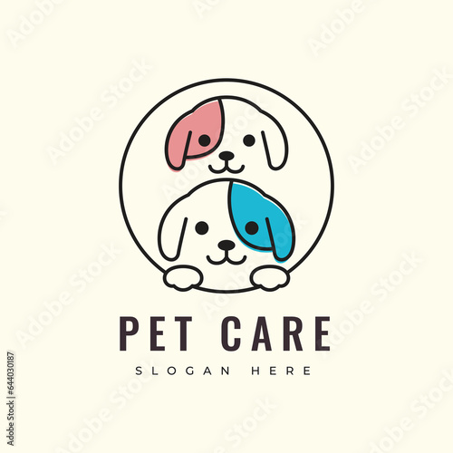 pet care dog mammal friend animal adopted puppy medical health pet shop logo design vector graphic illustration