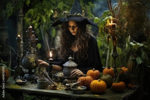 young halloween witch with pumpkin.